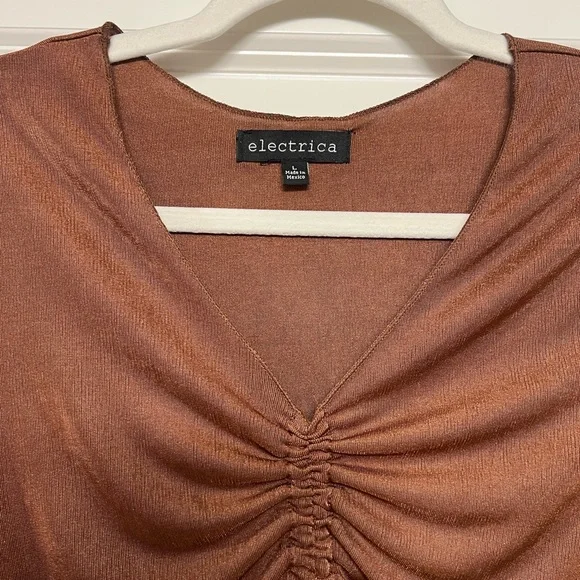 Electrica Brown sheer long sleeve crop top adjustable ruched front with ties - Picture 2 of 4